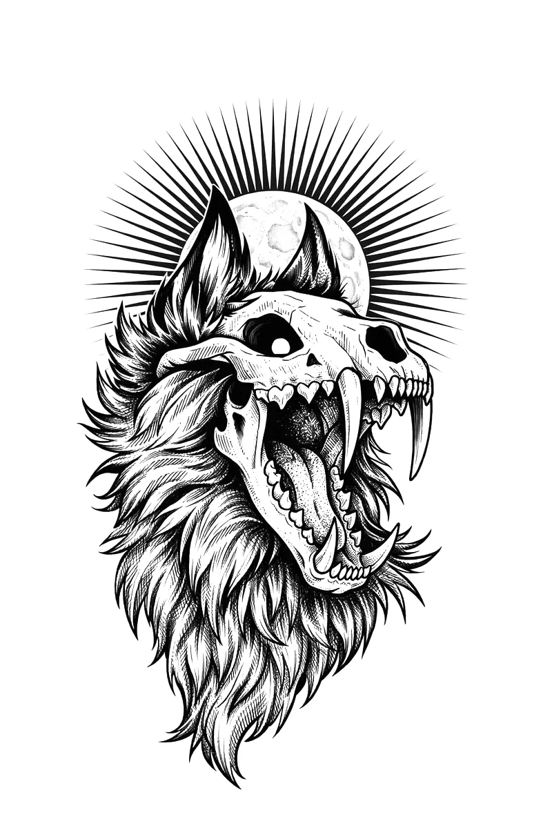Drawing: Wolfsschädel mit Strahlen