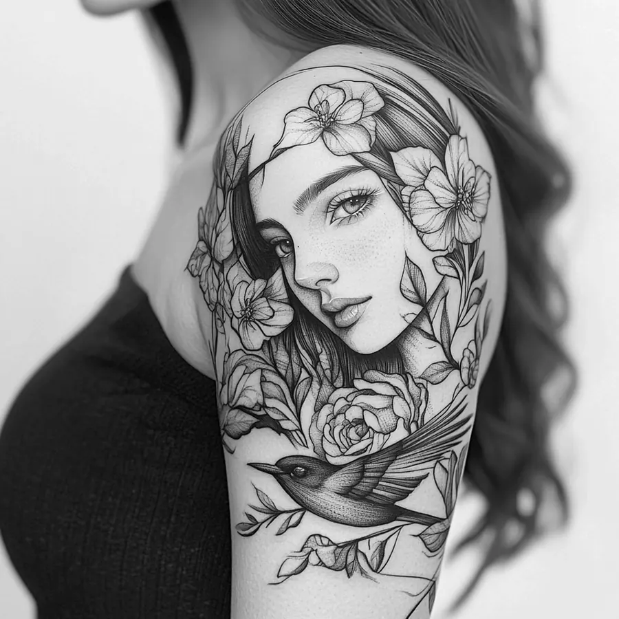 Beispiel: Portrait-Tattoo mit Blumen am Oberarm